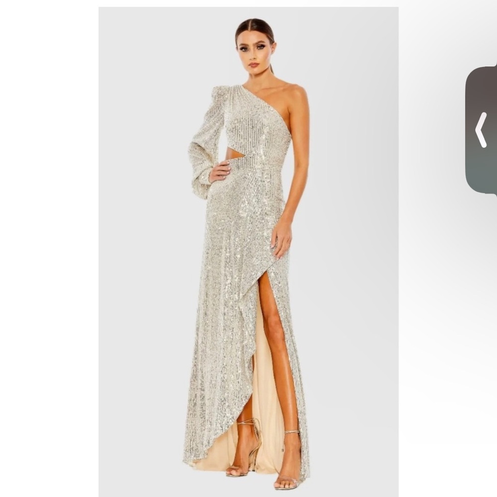 Mac Duggal Silver One-Shoulder Prom Dress